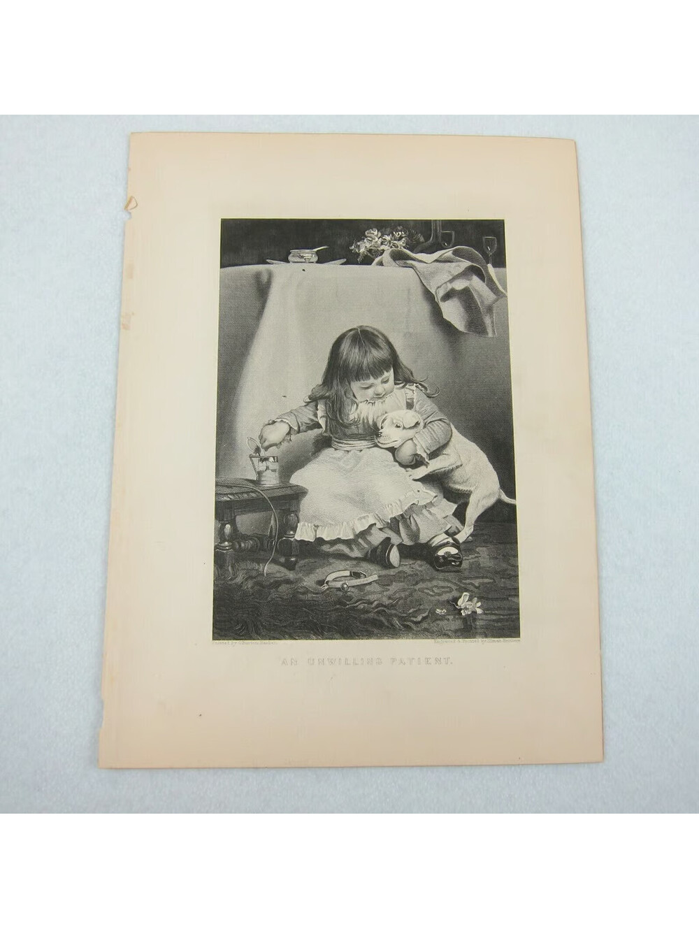 Antique 1800s Victorian Engraving Print Little Girl & Dog Unwilling Participant
